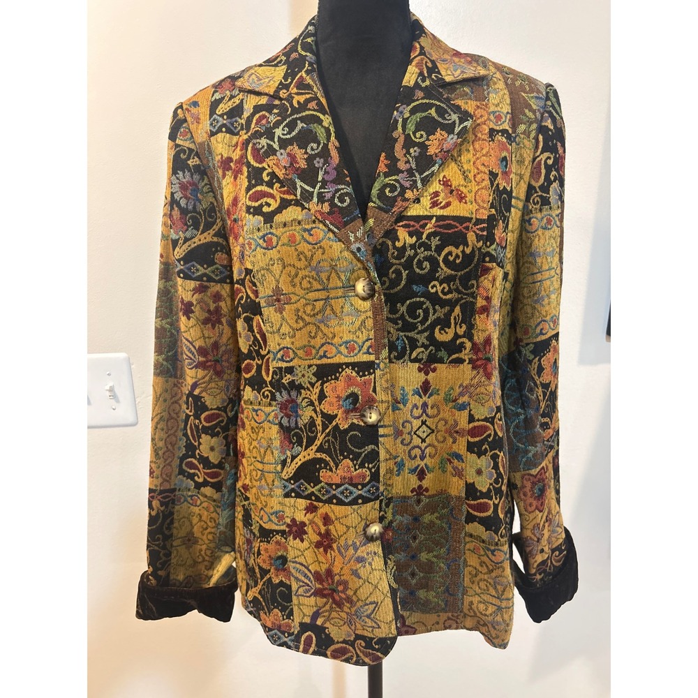 Coldwater Creek Tapestry Patchwork Blazer Jacket XL Floral Paisley Velvet Trim